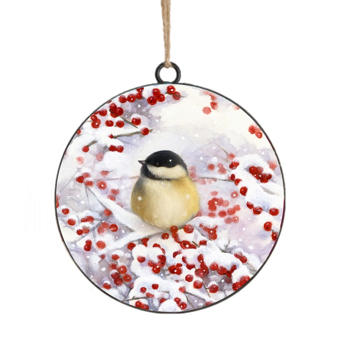 Hanging Ornament Metal Disc 4" Bird On A Berry Snowy Scene