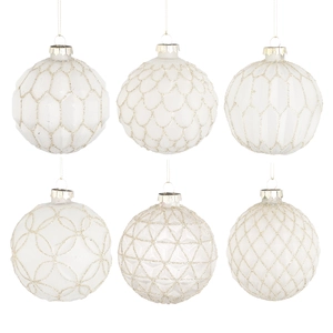 Ornament Off White Glass Ball  with Geometric Pattern in Gold  6 Assorted  - d8cm