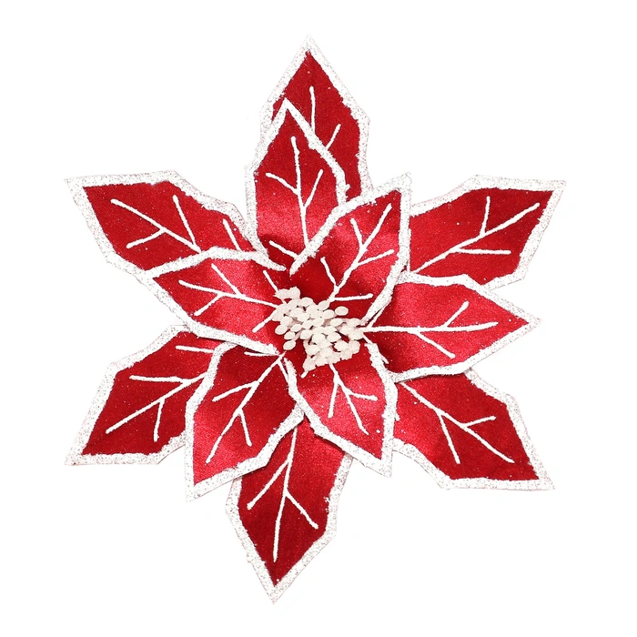 Poinsettia Head Red 12" Velvet with White Glitter and Clip