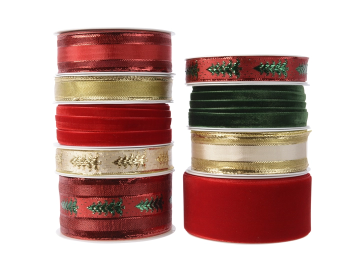 Ribbon 400x1.5cm - 9 Assorted Red Gold Green