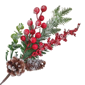 Spray Green Pine 16" - Red Berry, Pine Cones & Greenery Iced