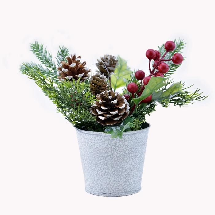 Table Piece 8" Mixed Greens with Pine Cones & Berries In Pot