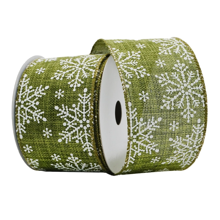 Wired Ribbon 2.5"X10 Yds. Frost Green with Snowflakes