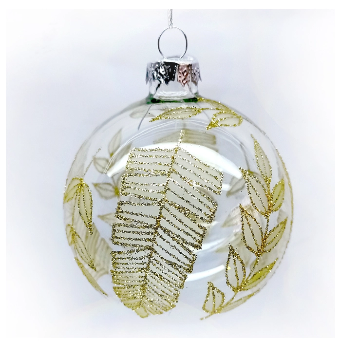 Xmas Ball 3" Clear with Gold Glitter Leaf Pattern