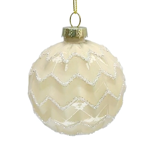 Xmas Ball 3" Cream Pearl Zigzig with Glitter