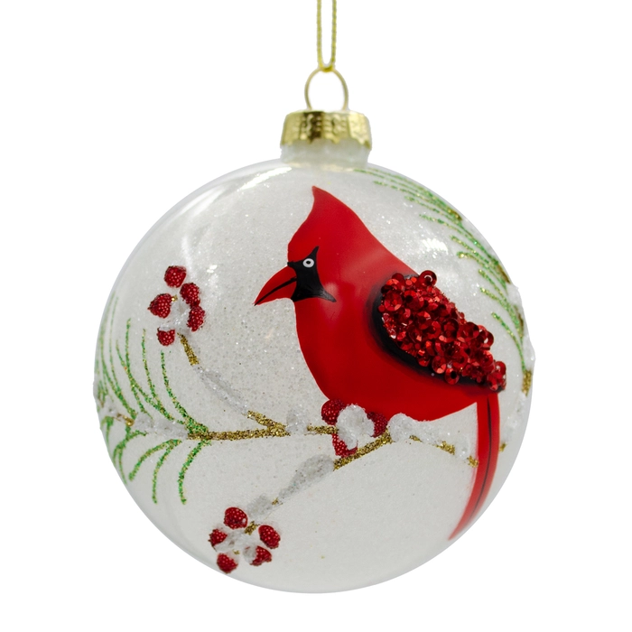 Xmas Ball 3" White Frost with Red Cardinal